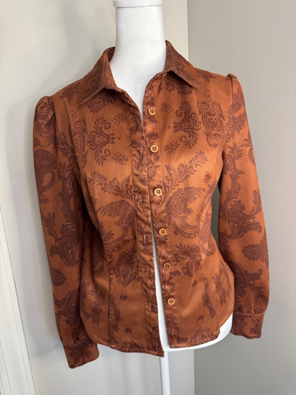 Satin Burnt Orange Paisley Button-Front Blouse